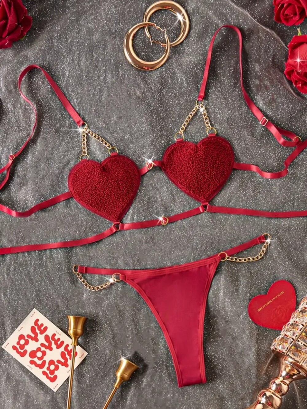 2pc Red Cutout Hearts W/Chain Details Bra & G-string Panties Lingerie Set (M)
